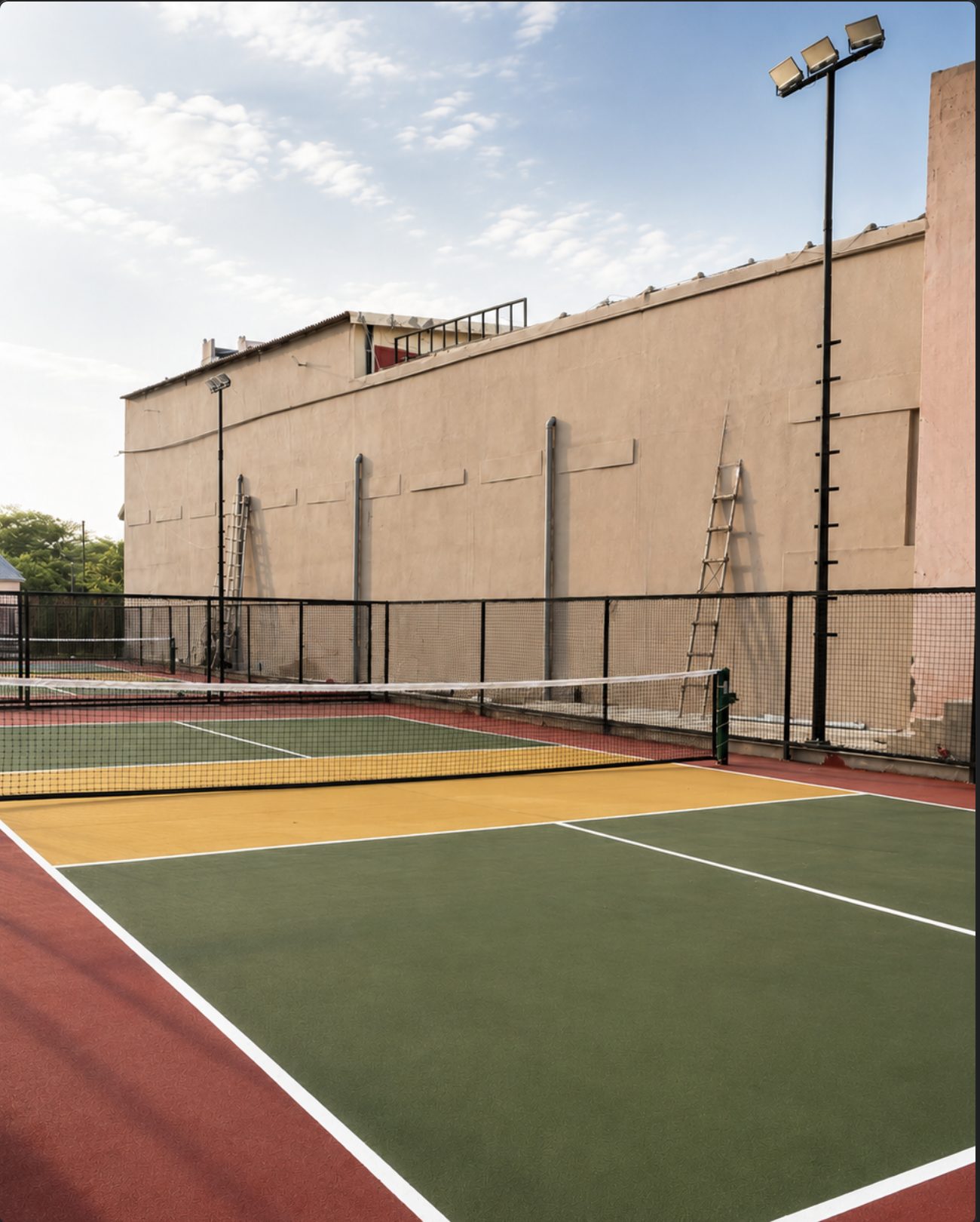 Pickleball courts beside the fort wall with floodlights