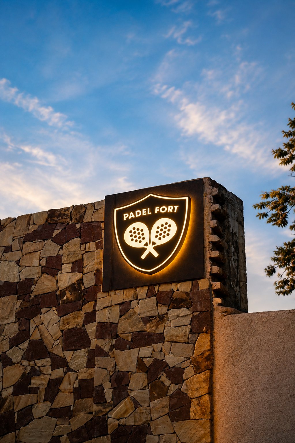 The illuminated Padel Fort crest sign at dusk, Shyam Nagar, Jaipur