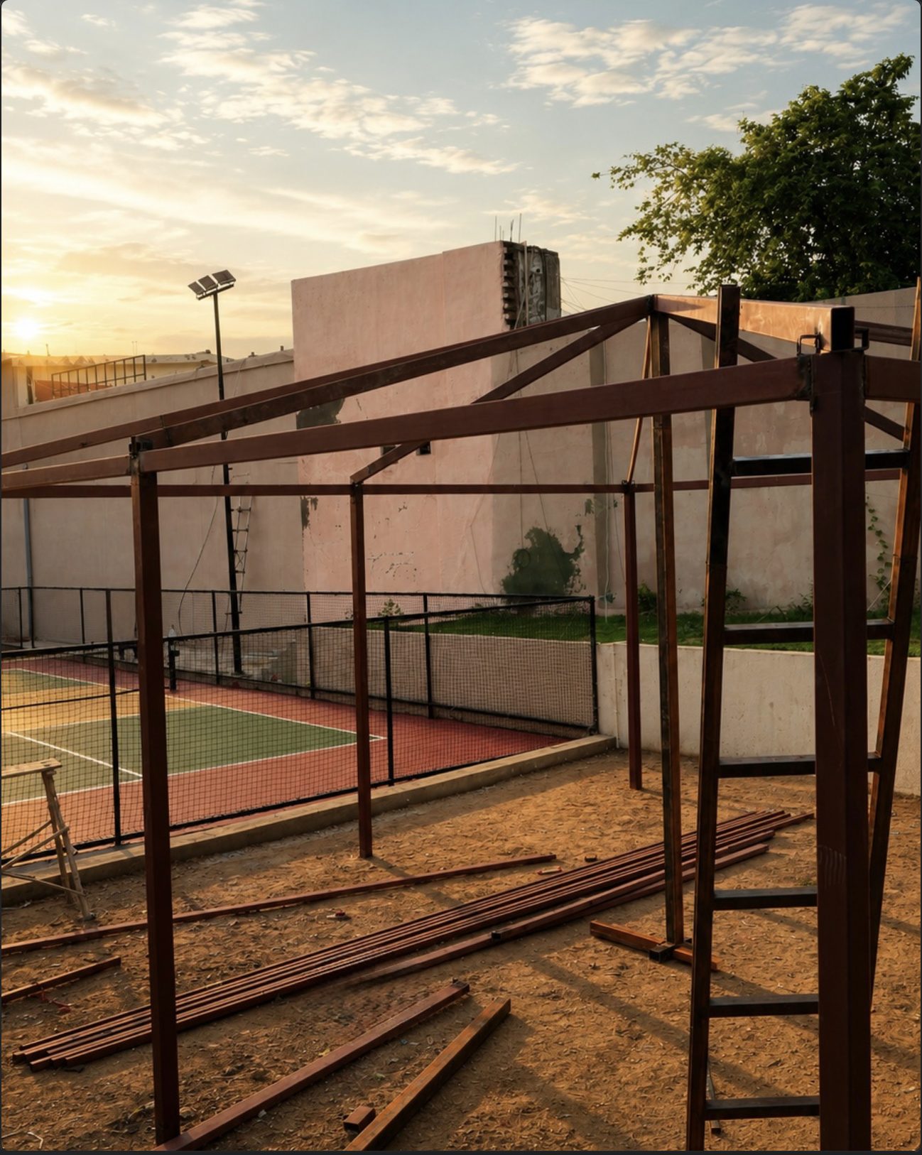 Steel frame at sunset where the machaan seating is being built