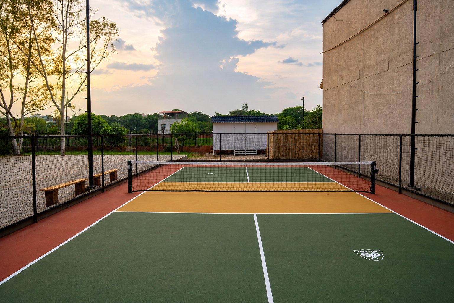 Floodlit pickleball court at Padel Fort, Shyam Nagar, Jaipur, at sunset